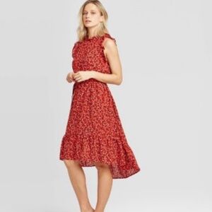 floral print red sleeveless ruffle trim dress small who what wear